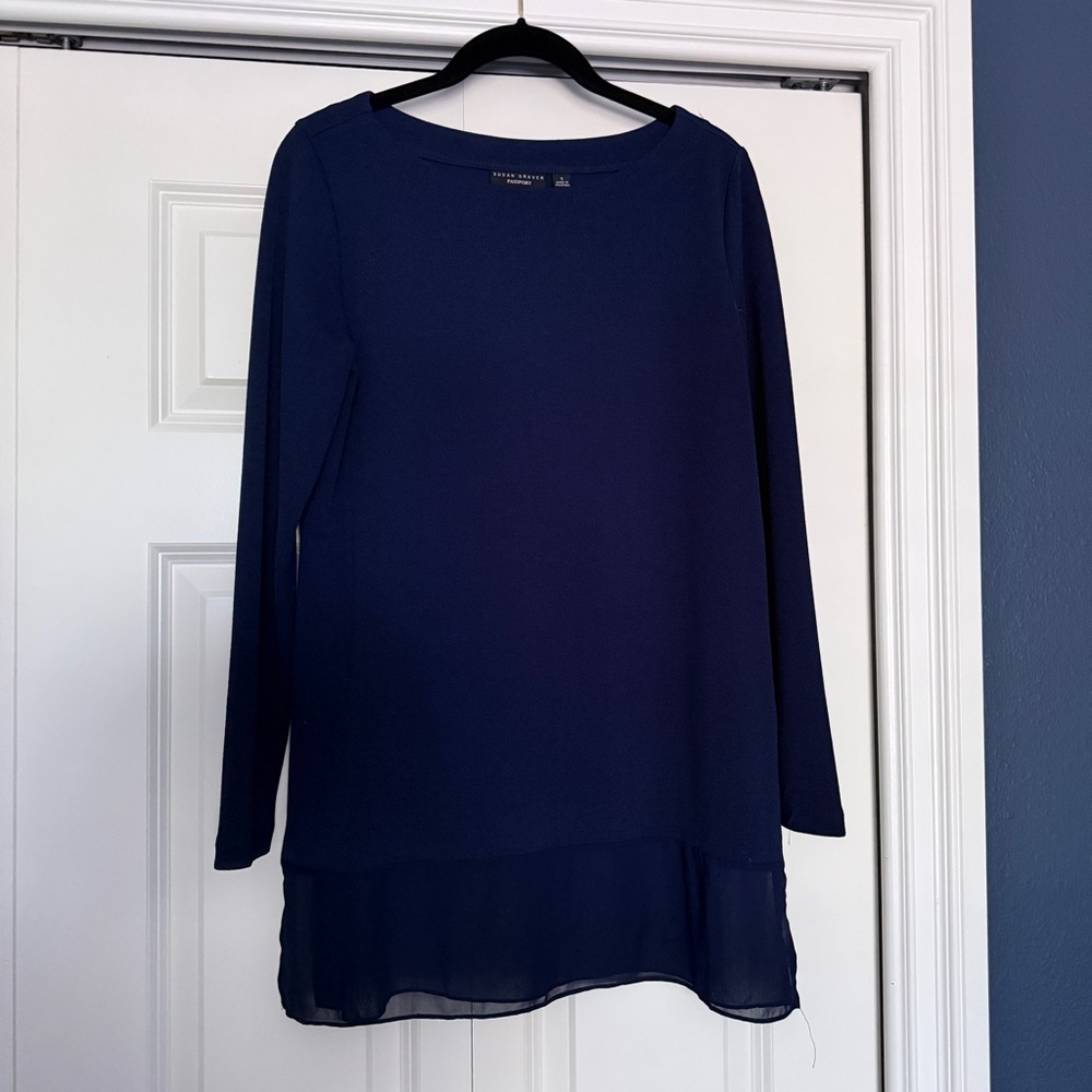 Susan Graver Deep Navy Blue Chiffon Trim Blouse